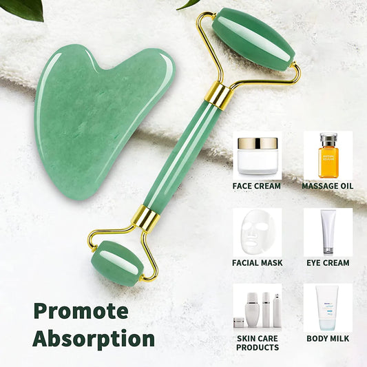 Set Face Roller Jade si Gua Sha din piatra de Jad GREEN